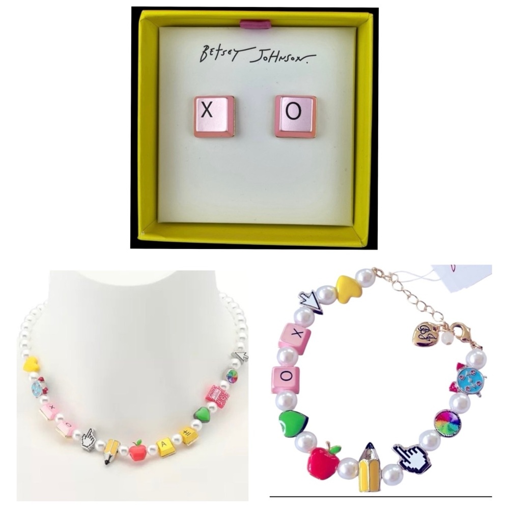 BETSEY JOHNSON SET Back to School Pearl Charm Necklace Bracelet Earrings NEW NWT